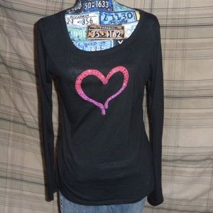 Black Ladies Pink/Red Heart LS T-Shirt